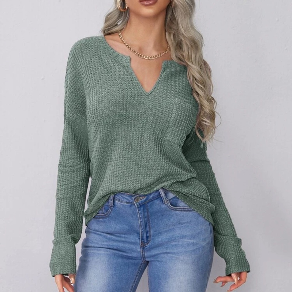 V neck waffle knit long sleeve tee shirt brown - Picture 12 of 14